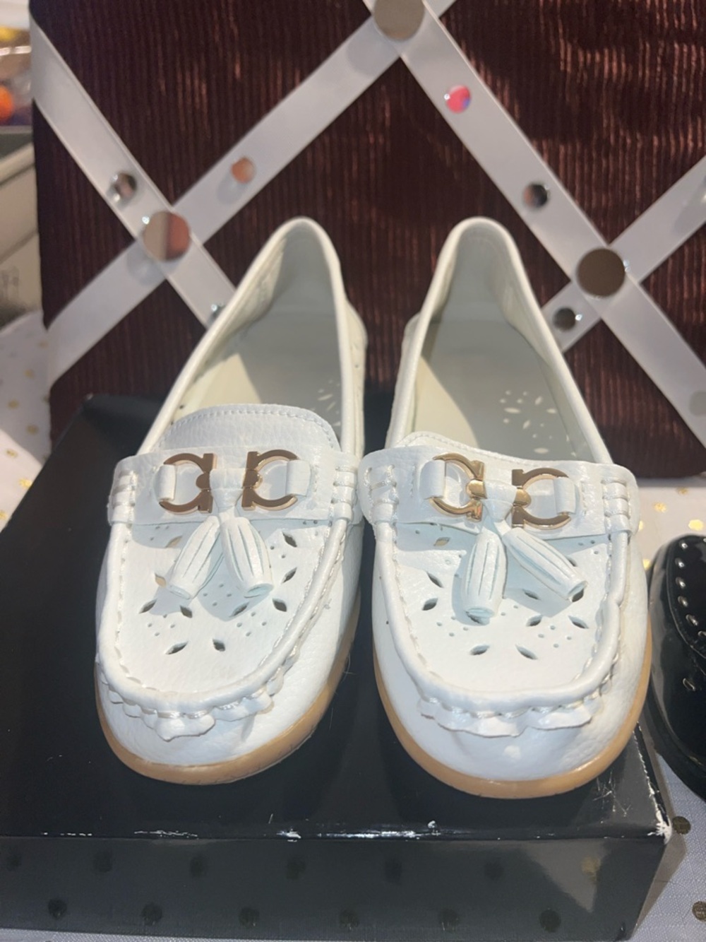 White Tassel Loafers with Gold Hardware